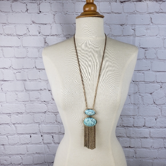Faux Turquoise Pendant Rope Chain Fringe Long Statement Necklace Boho Vintage - Picture 5 of 9